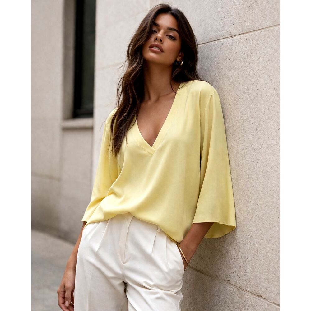 *NWT* Ann Taylor Yellow V-Neck Top with quarter Bell-Sleeves (L)